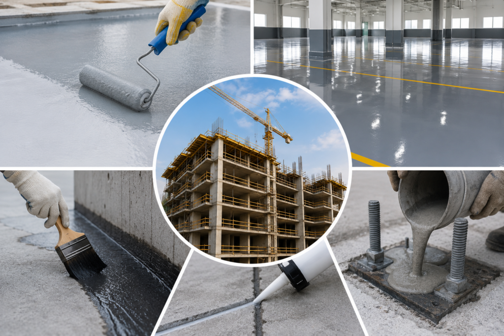 Construction chemical applications including waterproofing, epoxy flooring, protective coatings, sealants and grouting
